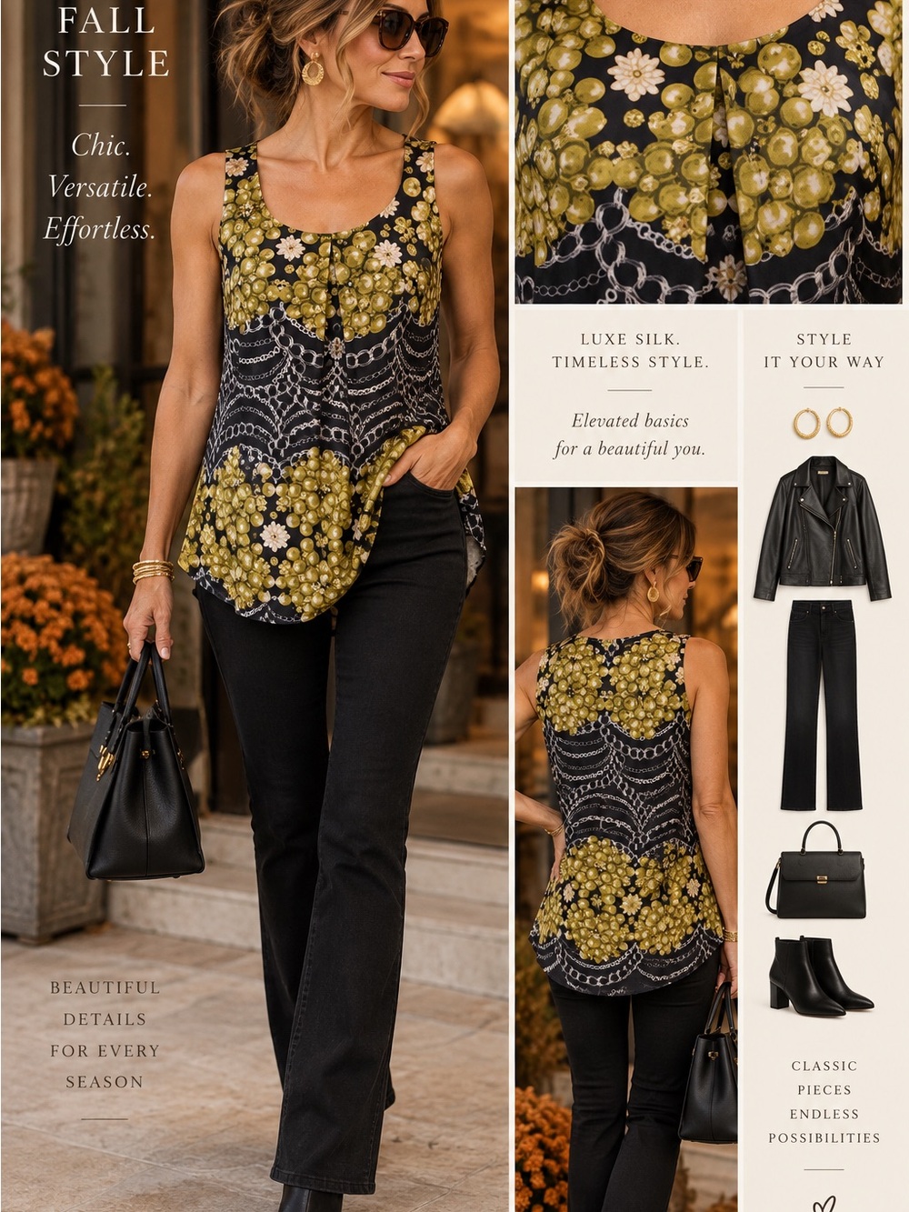 CAbi Black Tank with Olive Floral & Chain Motif